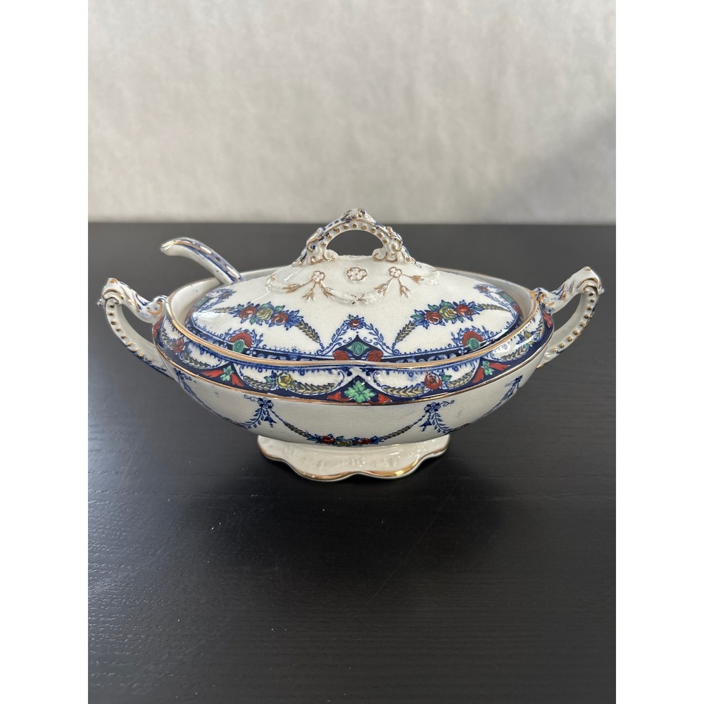 Barker Bros Merton Gravy Boat Sauce Dish Ladle Lid Blue Floral Gold Trim